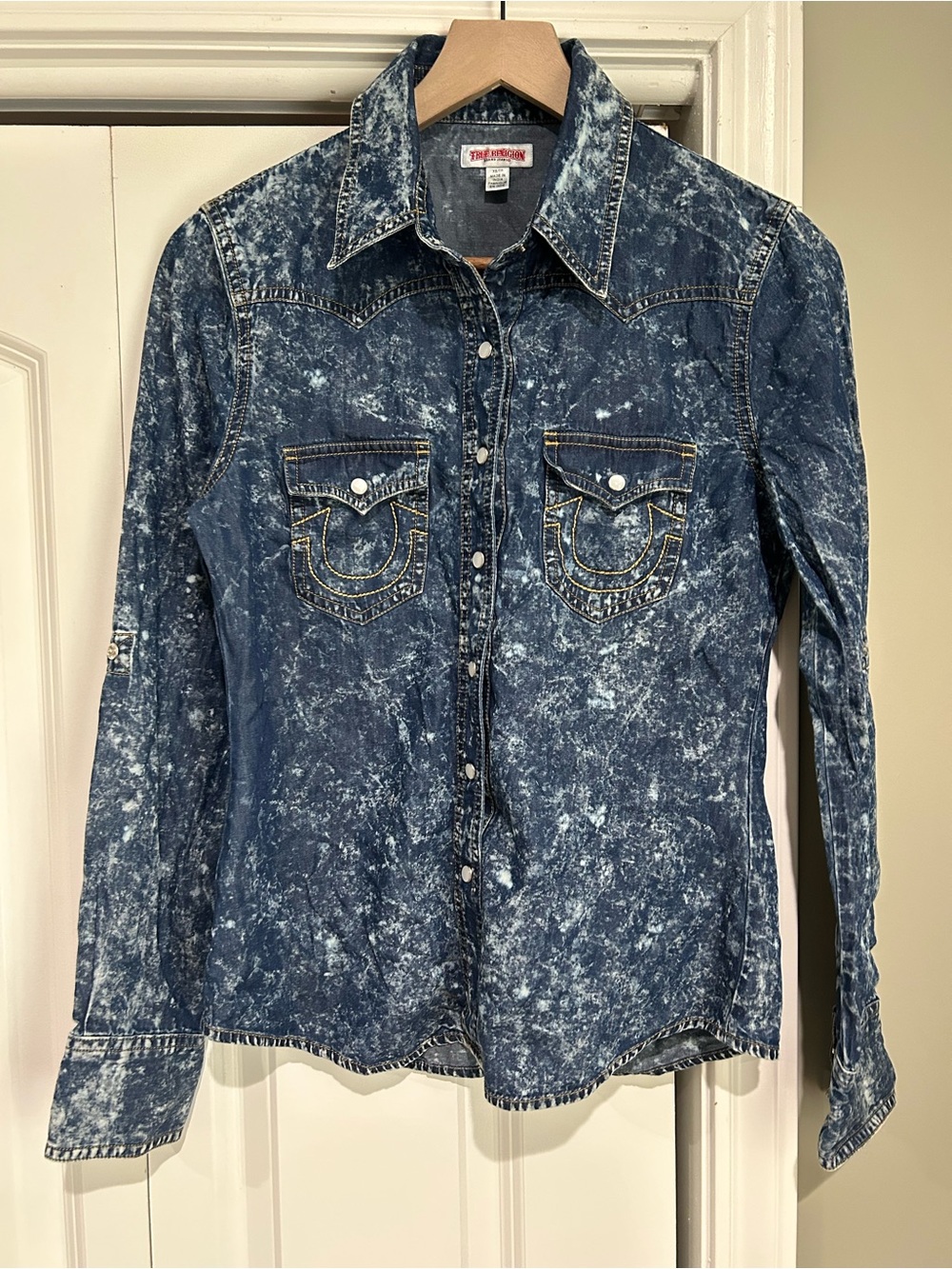 True Religion Blue Acid Wash Denim Button-Down Shirt